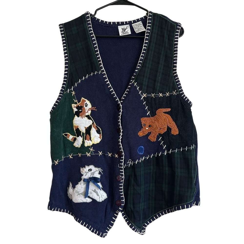 Vtg Maggie Lawrence Cats Lover Sweater Vest Sz 14/16 Patchwork Embroidered